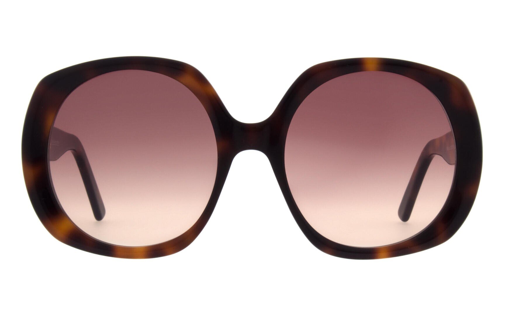Oversized sunglasses with a brown tortoiseshell frame and large, round, brown gradient lenses, seen from the front on a white background.