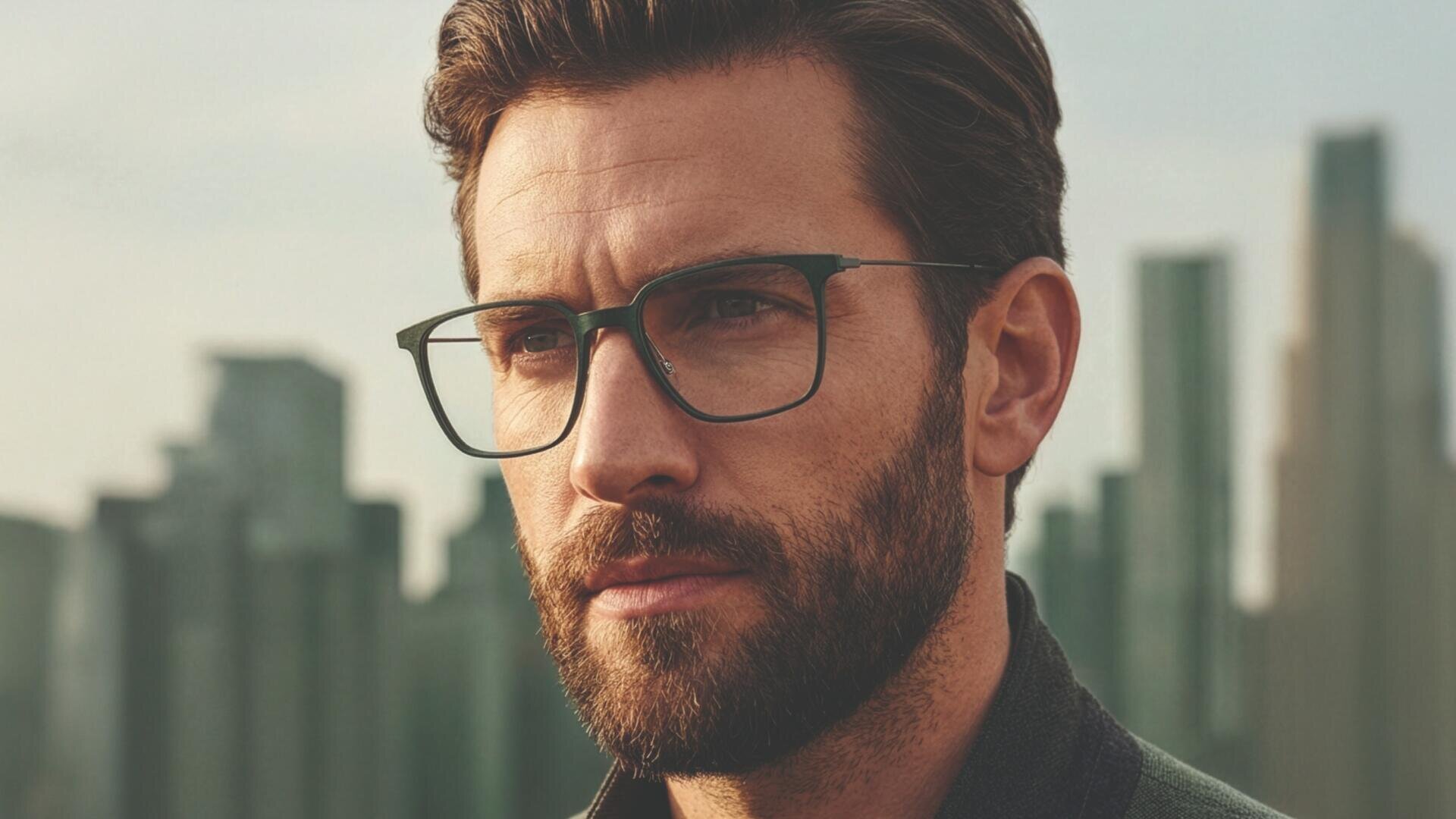 A bearded man with glasses and brown hair stands outside and looks thoughtful. Tall, blurred city buildings appear in the background under a clear sky.
