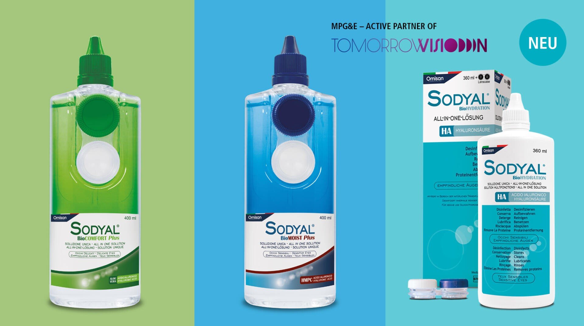 Drei Flaschen mit Sodyal-Kontaktlinsenflüssigkeit: grüne, blaue und weiße Etiketten, die mit einem passenden Produktkarton auf einem geteilten blauen und grünen Hintergrund dargestellt werden. NEU- und Partnerlogos erscheinen in der oberen rechten Ecke.
