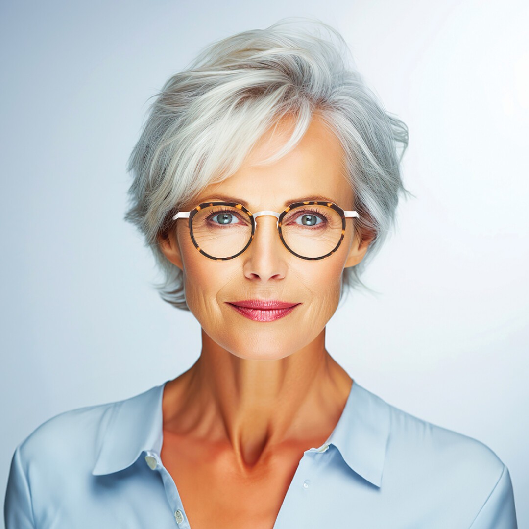 Eine selbstbewusste ältere Frau mit kurzen grauen Haaren und Brille, die ein hellblaues Hemd mit Knöpfen trägt, blickt vor einem schlichten, sanft beleuchteten Hintergrund direkt in die Kamera.