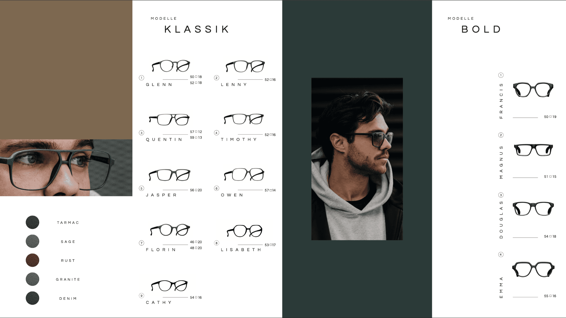 Eine Katalogseite zeigt zwei Brillenkollektionen, „Klassik“ und „Bold“, mit abgebildeten Brillengestellen, Preisen und einem zentralen Foto eines Mannes mit Brille. Farbmuster erscheinen auf der linken Seite.