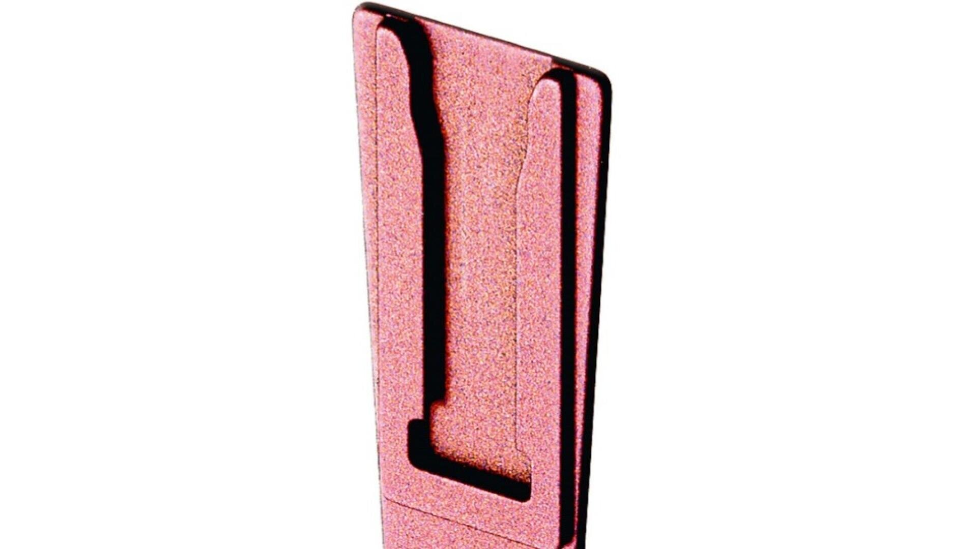 Close-up of a metallic, pink paper clip in the shape of a rectangular clip with a cut-out design, isolated on a white background.