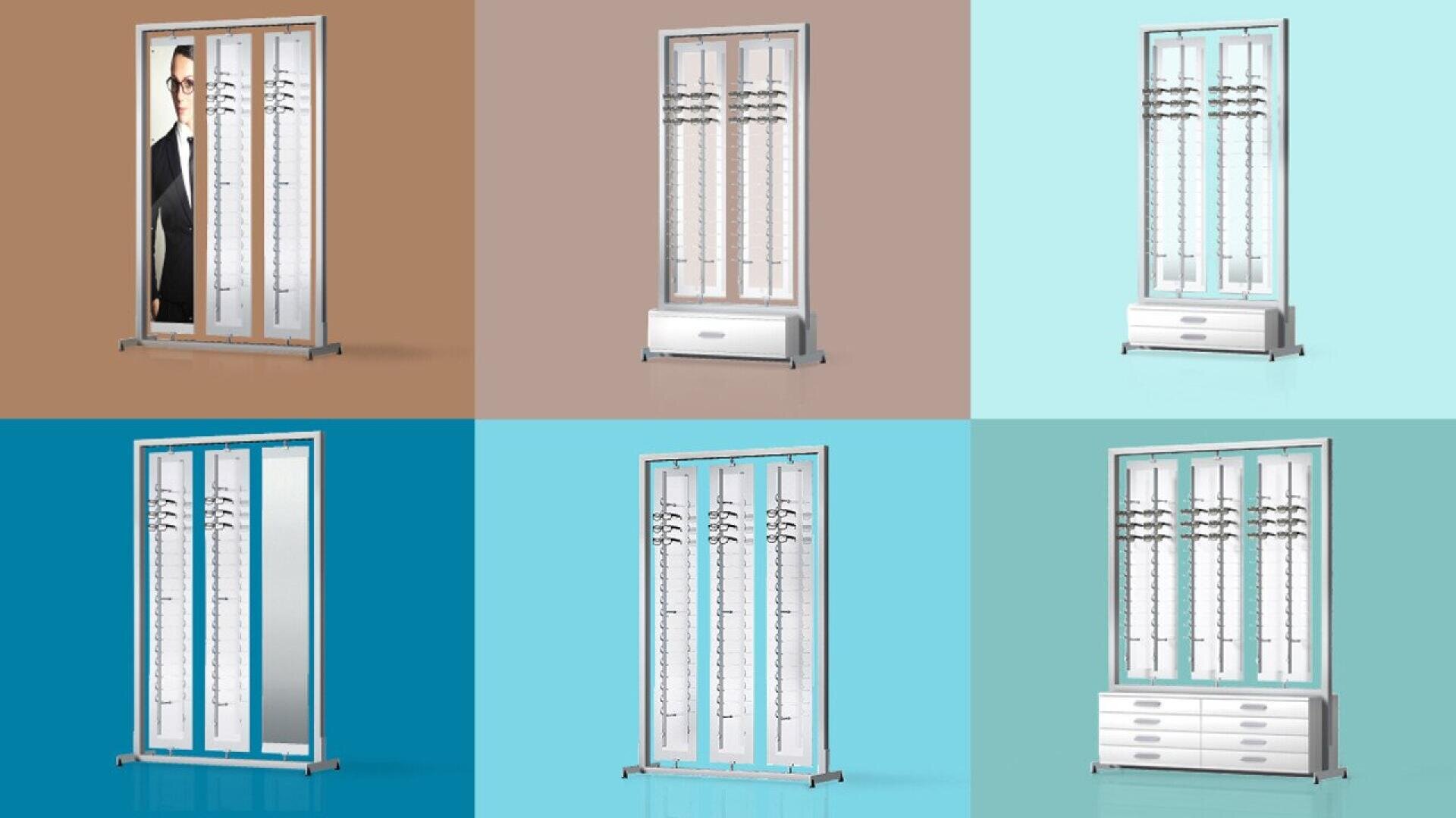 A grid of six images displays different styles of freestanding eyeglasses display racks against various colored backgrounds. One rack also features a poster of a person wearing glasses.