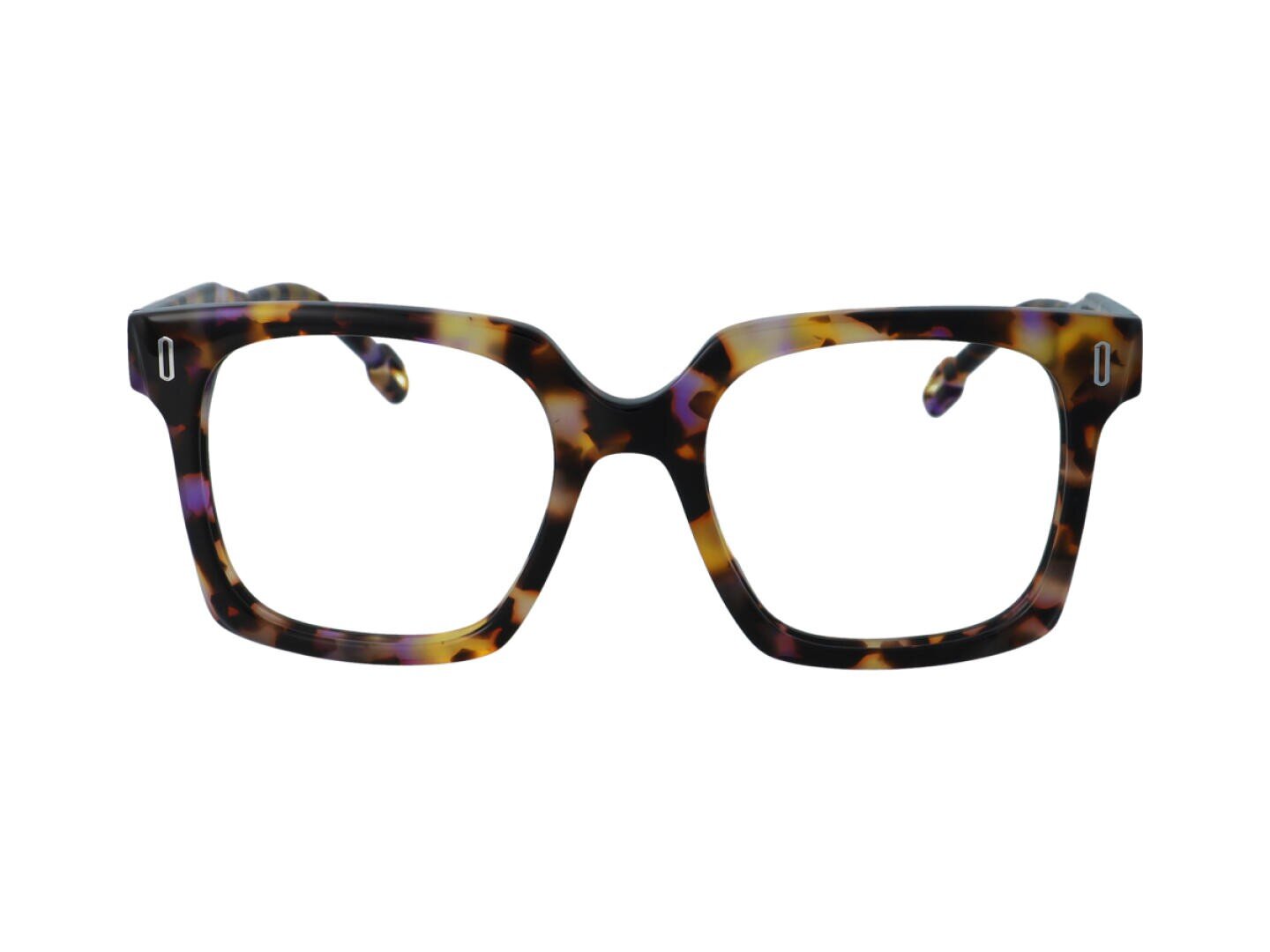 Eine dicke, quadratische Brille mit einem Schildpattmuster in Braun-, Bernstein- und Schwarztönen auf weißem Hintergrund.