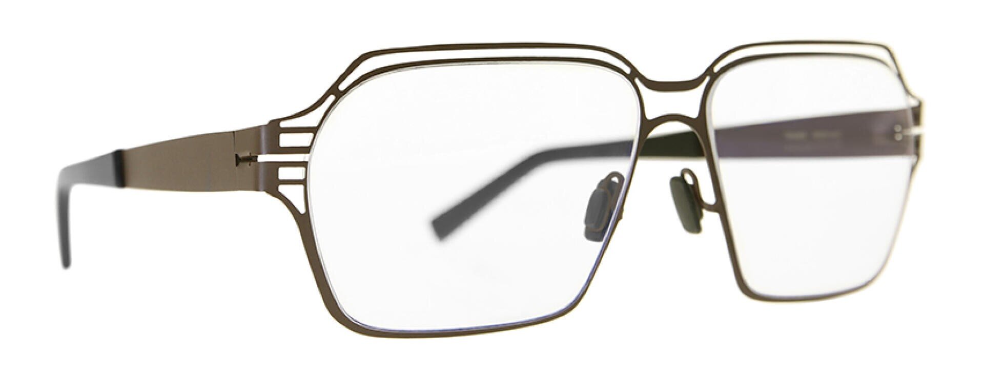 Eine Brille mit dünnem, geometrischem Metallrahmen in Bronzefarbe, mit Doppelbrückendetail und klaren Gläsern auf weißem Hintergrund.