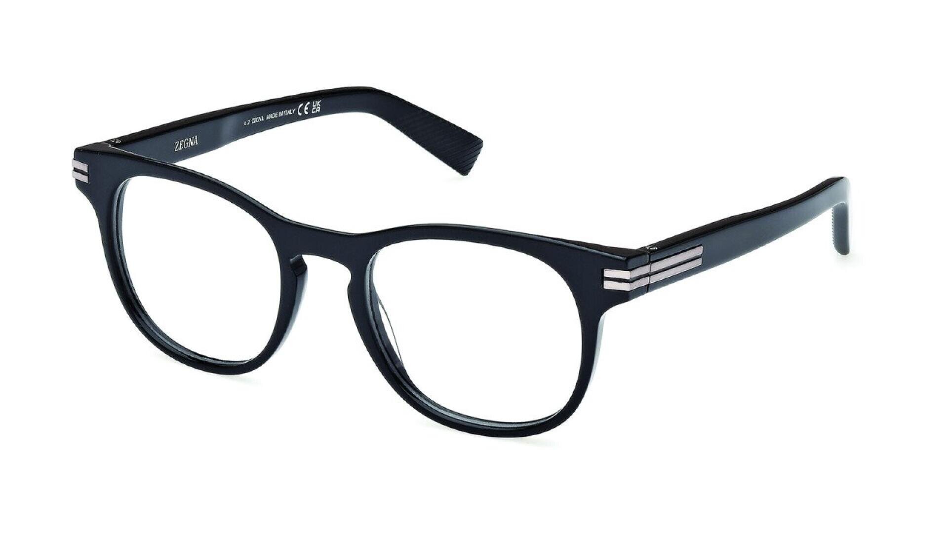 Black eyeglasses with round lenses and silver horizontal stripes on the temples, shown at an angle on a white background.