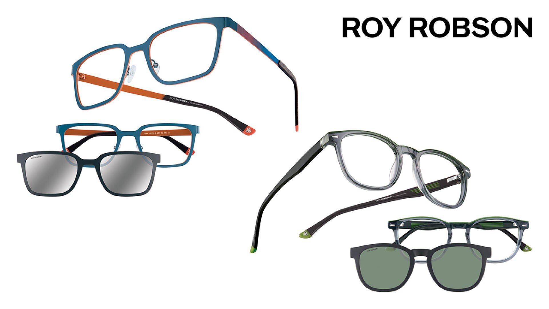 Auf einem weißen Hintergrund sind vier Paar stilvolle Brillen und Sonnenbrillen von Roy Robson abgebildet. Sie zeigen verschiedene Rahmenformen und -farben und oben rechts steht in fettem schwarzen Text der Markenname ROY ROBSON.