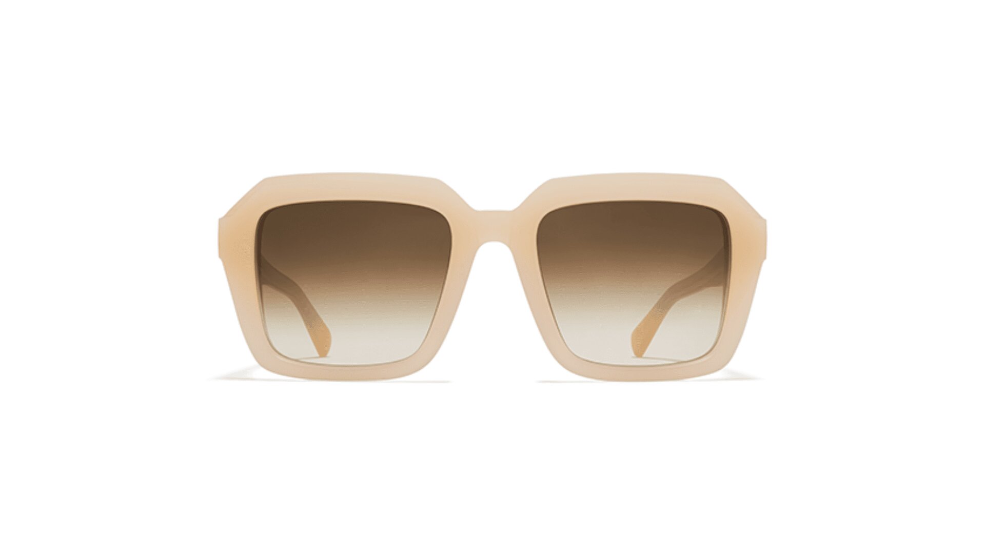 A pair of oversized, square-shaped sunglasses with beige frames and gradient brown lenses, displayed against a white background.
