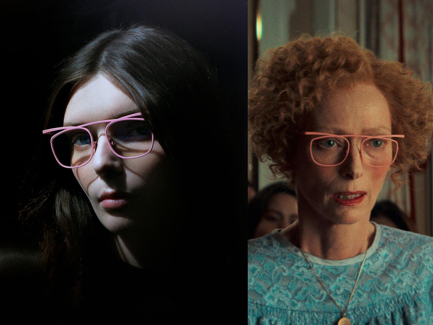 Side-by-side portraits of two women with large, pink spectacle frames: the woman on the left has long brown hair and a sombre expression, the woman on the right has short curly hair and wears a blue lace top.