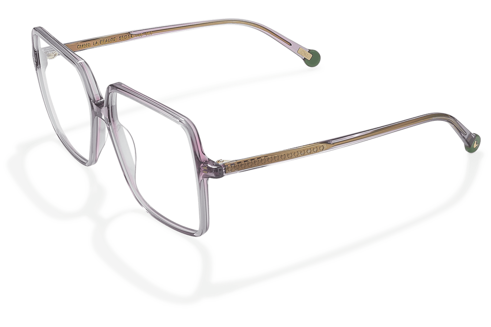 Eine transparente Brille mit quadratischem Rahmen und dünnen Bügeln, die auf einer reflektierenden Oberfläche platziert ist, die einen klaren Umriss der darunter liegenden Fassung erzeugt.
