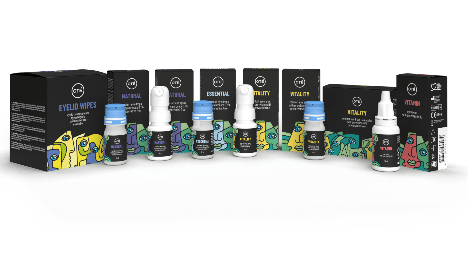 Eine Reihe von Flaschen und Schachteln mit Augenpflegeprodukten mit den Aufschriften „Eyelid Wipes“, „Natural“, „Essential“, „Vitality“ und „Vitamin“, präsentiert auf einer grauen Oberfläche mit farbenfrohen, illustrierten Verpackungsdesigns.