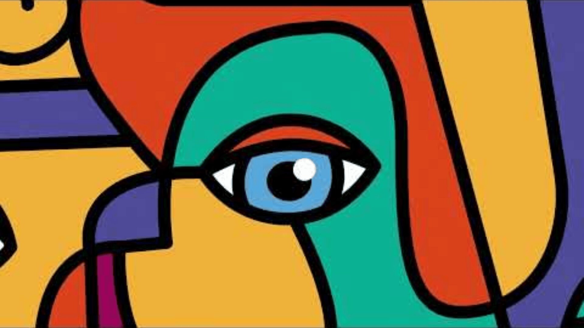 Abstract, colorful illustration featuring bold black lines and geometric shapes. Dominant colors include orange, teal, yellow, and purple. A stylized blue eye is the focal point at the center of the image.