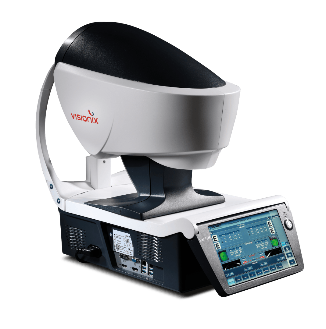 Ein modernes Visionix-Augendiagnosegerät mit einem großen, gewölbten Oberteil und einem Touchscreen-Bedienfeld, das verschiedene Einstellungen und Daten auf weißem Hintergrund anzeigt.