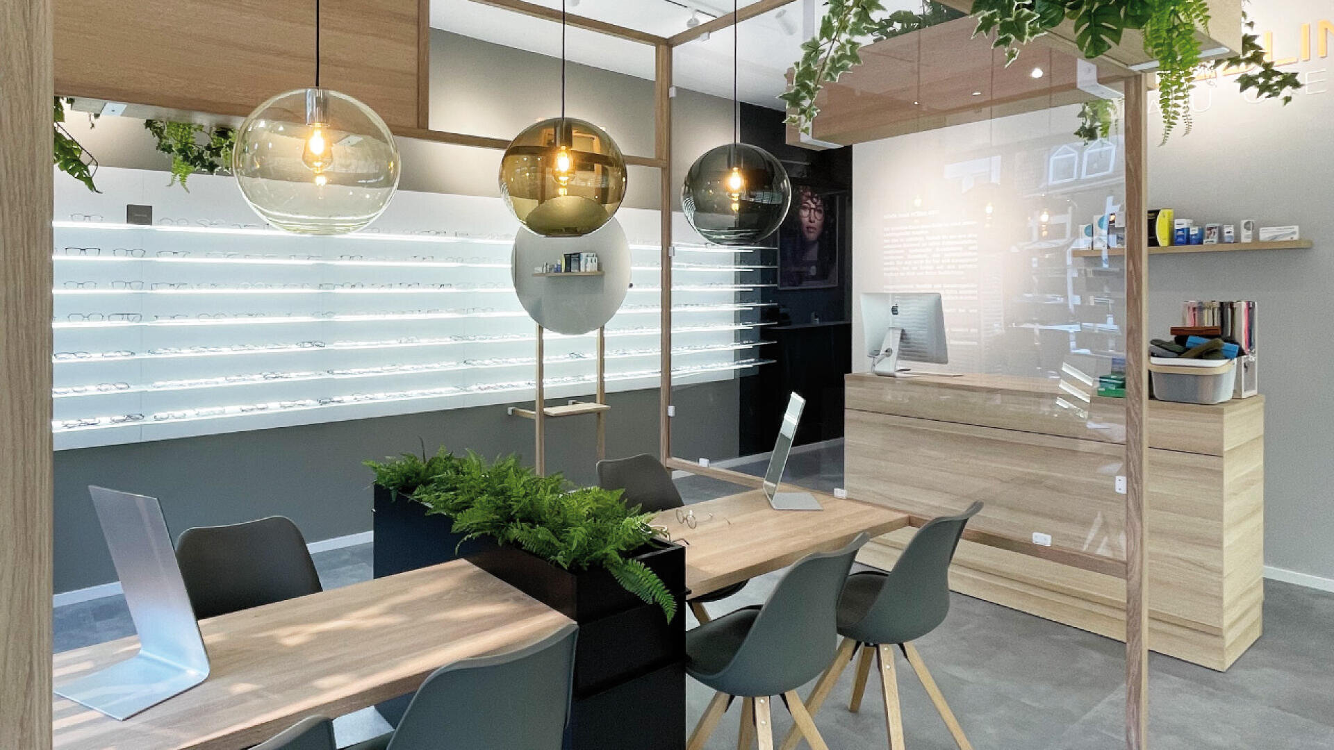 Moderne Optiker-Ausstattung mit Holztischen, schwarzen Stühlen, Computern und Hängelampen. Brillenregale säumen die Wand, im Hintergrund ist eine Theke mit Computer zu sehen. Grüne Pflanzen sorgen für einen Hauch von Natur.