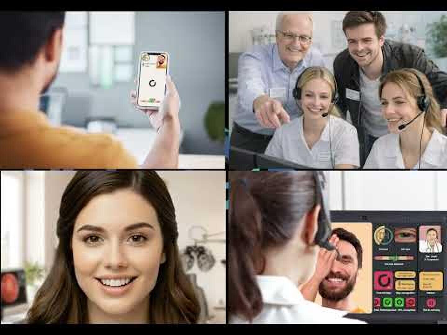 A collage shows people using phones and computers for video calls: a person holding a phone, a group of smiling workers with headsets, a woman smiling, and a person on a video call with another man.