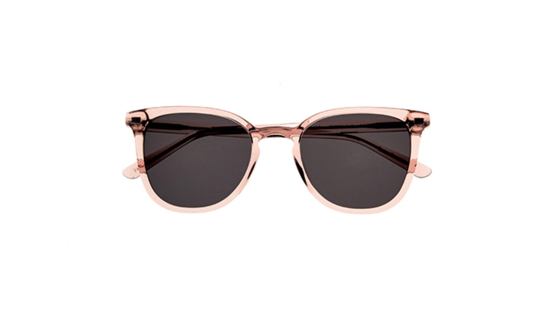 Eine Sonnenbrille mit roségoldenem Rahmen und dunkel getönten Gläsern, nach vorne gerichtet auf weißem Hintergrund.