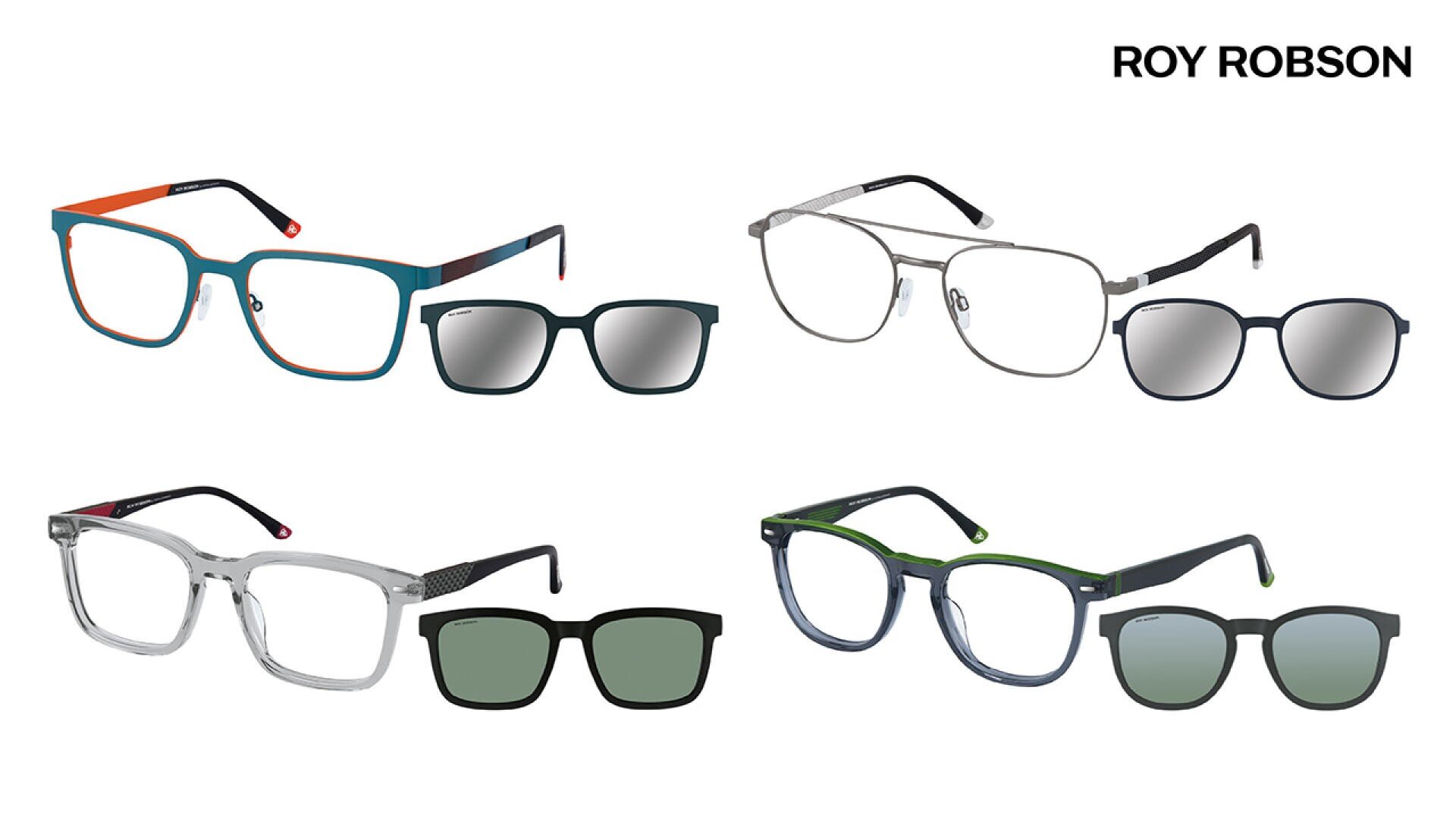 Sechs Brillen und Sonnenbrillen von Roy Robson für Herren werden vor weißem Hintergrund präsentiert. Die Brillenfassungen sind in verschiedenen Formen und Farben erhältlich, darunter Blau, Silber, Transparent und Schwarz. Der Markenname erscheint in der oberen rechten Ecke.
