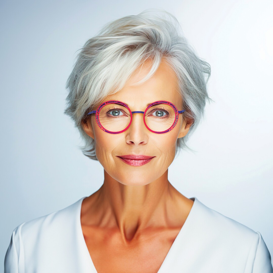 Eine selbstbewusste ältere Frau mit kurzen weißen Haaren und rot umrandeter Brille blickt in die Kamera. Sie trägt ein weißes Oberteil vor einem sauberen, hellen Hintergrund.