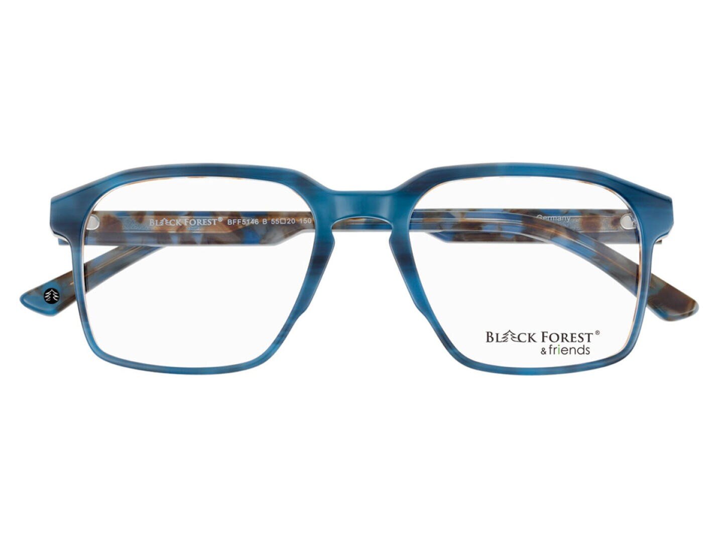 Blue tortoiseshell rectangular eyeglass frames with clear lenses, viewed from the front. The brand Black Forest & friends is printed on the right lens.