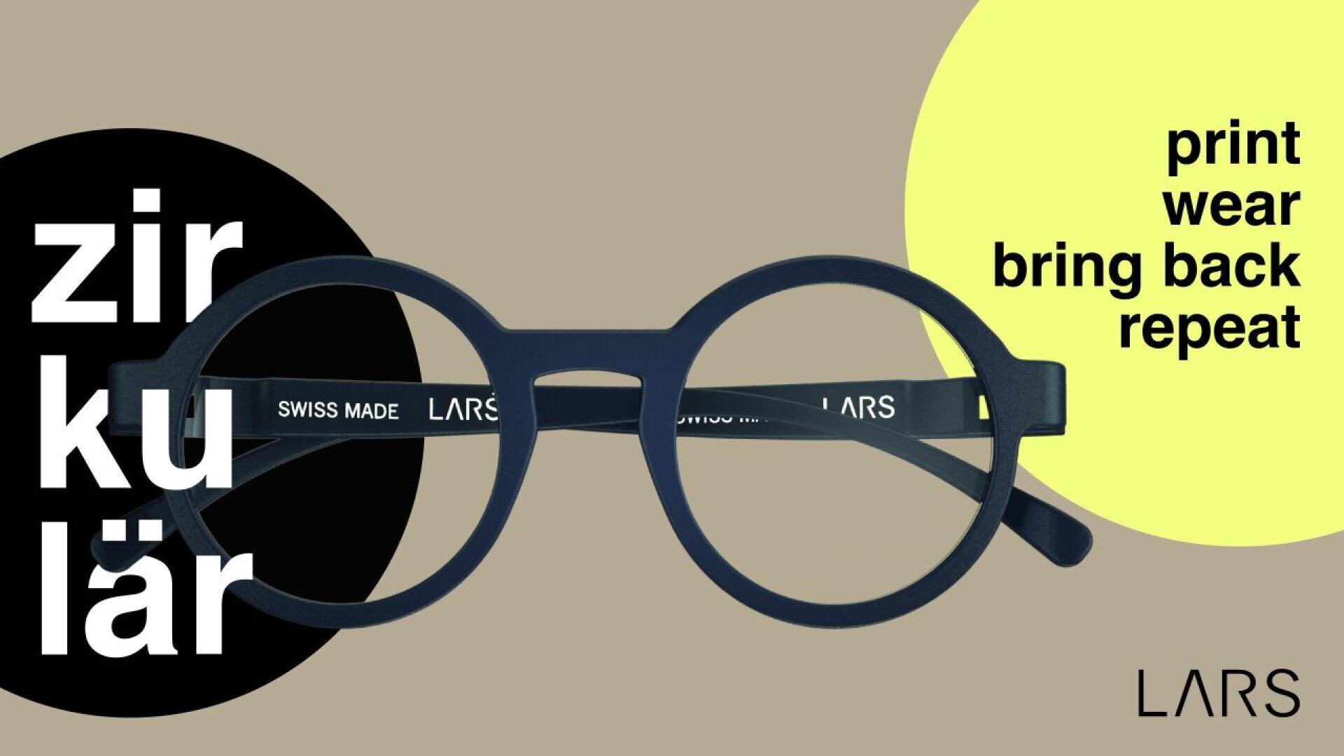 Round black eyeglasses are centered on a beige background with black and yellow circles. White text on the left reads zirkulär, and black text on yellow on the right says print wear bring back repeat. LARS logo appears at the bottom right.