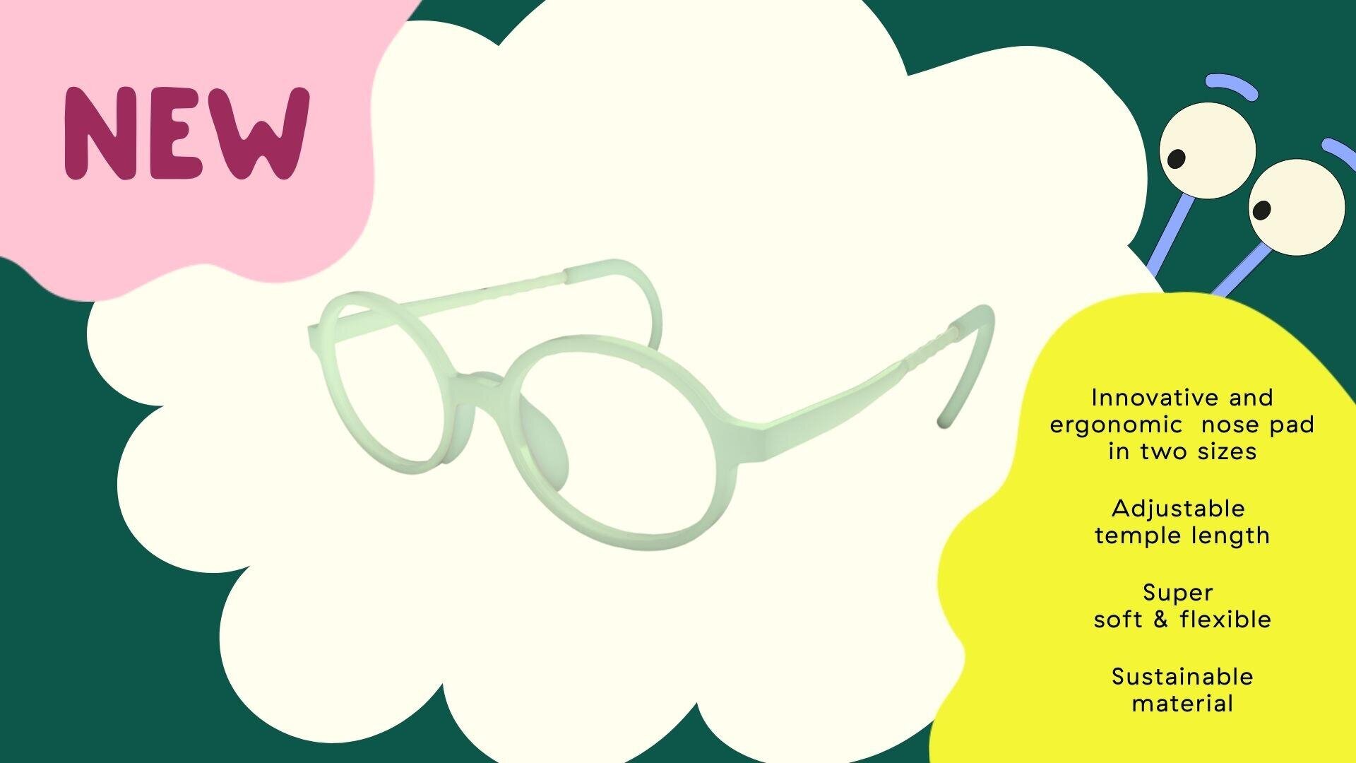 A pair of light green round eyeglasses is centered on a white cloud-like shape, with colorful background sections. Text highlights features like a new ergonomic nose pad, adjustable temples, flexibility, and sustainable material.