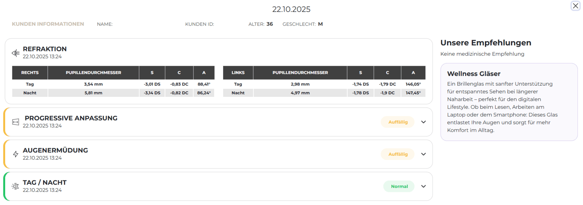Screenshot eines Augenuntersuchungsberichts mit Refraktionswerten, Pupillendurchmesser und Empfehlungen. Die Messwerte für das rechte und das linke Auge werden angezeigt, mit zusätzlichen Hinweisen zur Anpassung, zur Ermüdung der Augen und zum Status der Tag-/Nachtsicht.
