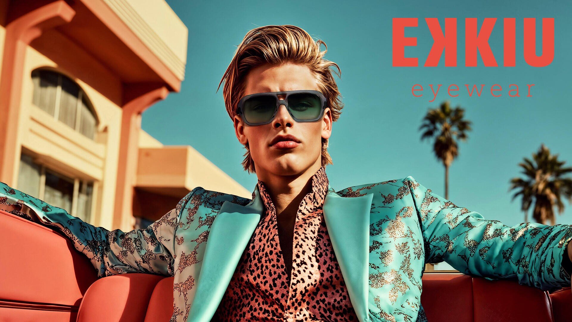 Ein stilvoller junger Mann mit auffälliger Sonnenbrille und einem gemusterten Anzug sitzt in einem roten Cabrio mit einem modernen Gebäude und Palmen im Hintergrund. Der Text EKKIU eyewear ist in der oberen rechten Ecke zu sehen.