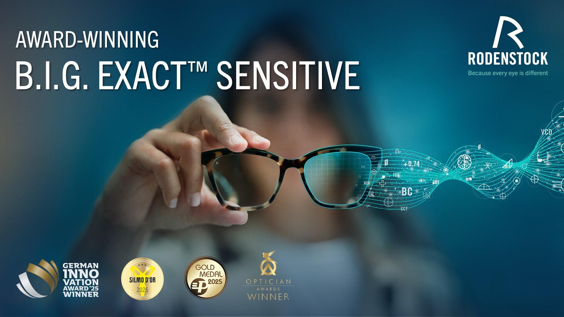 A person holds eyeglasses while a digital overlay of lens technology appears. Text reads Award-Winning B.I.G. EXACT™ Sensitive and Rodenstock. Four award icons are shown at the bottom.