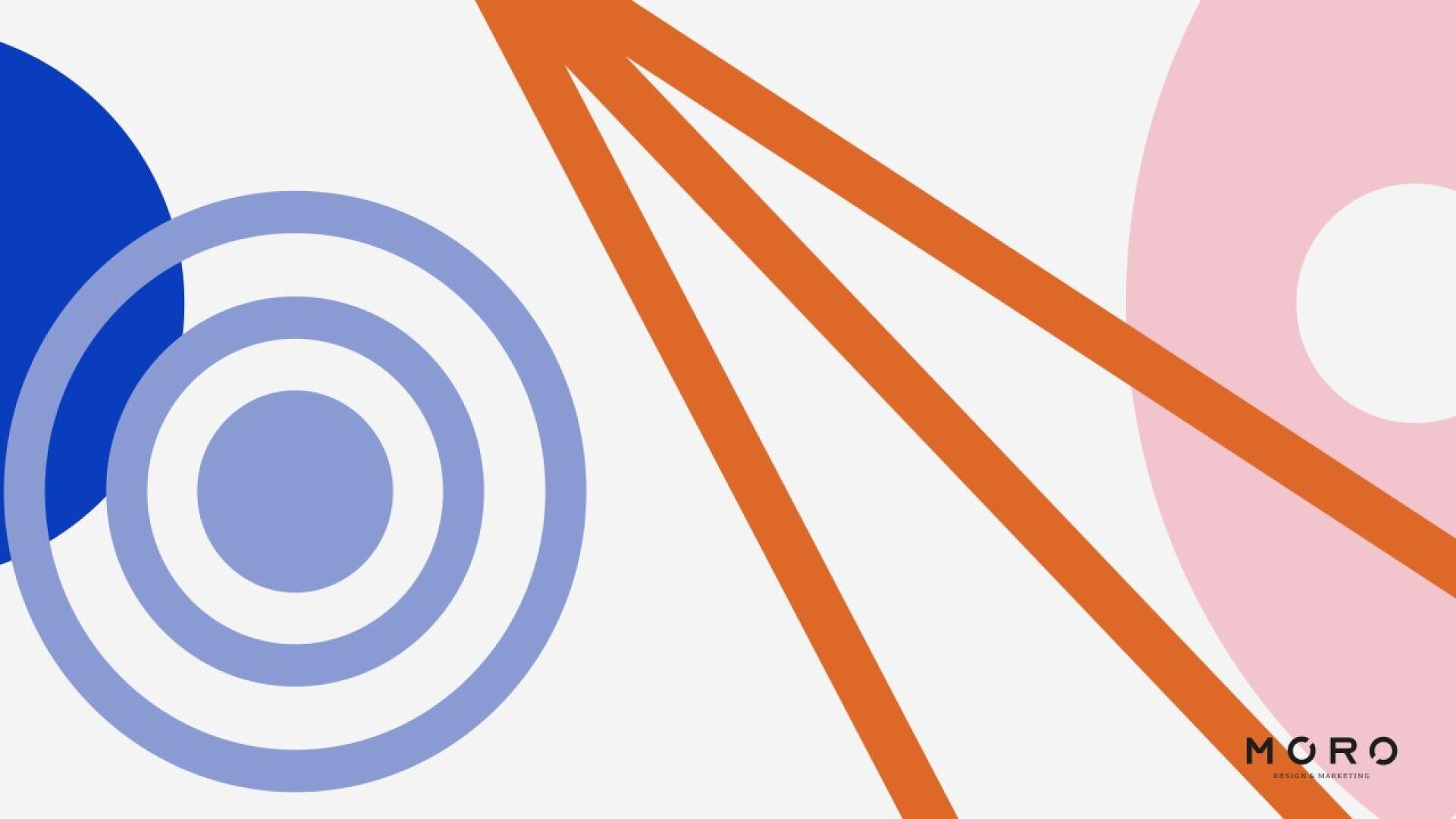 Abstract graphic with blue concentric circles on the left, three orange diagonal lines pointing right, and a large pink oval on the right. The MORO logo appears in the bottom right corner.