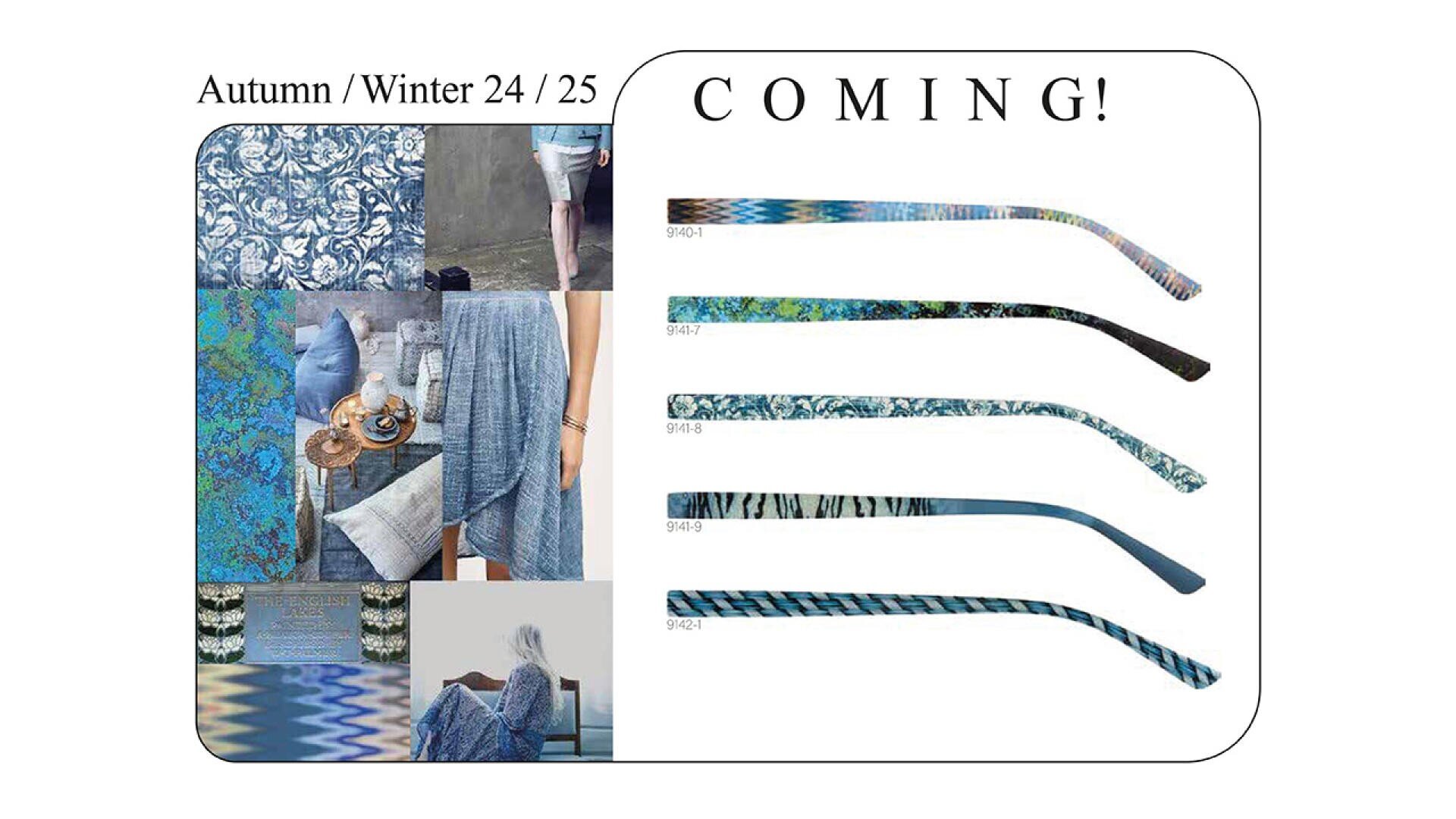 Ein Moodboard für Herbst/Winter 24/25 mit blauen Mustern, Stoffmustern, Dekor und einer sitzenden Frau; daneben sechs blau gemusterte Brillenbügeldesigns und dem Wort „COMING!“ darüber.