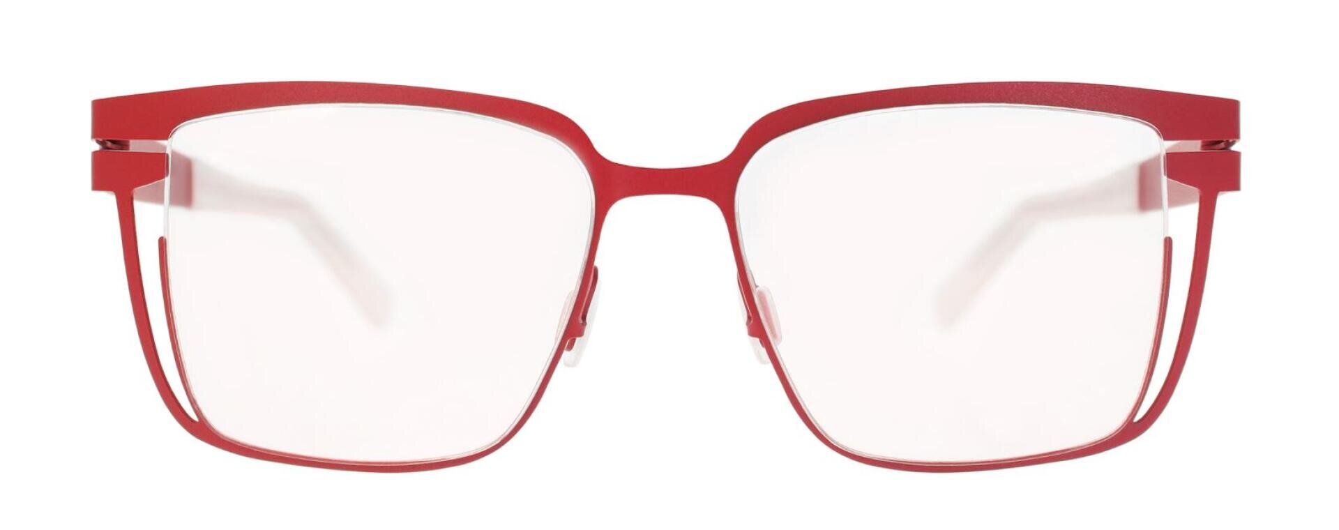 Rote, rechteckige Brillenfassung mit modernem, minimalistischem Design und ohne Rand an der Unterseite der Gläser, dargestellt auf weißem Hintergrund.