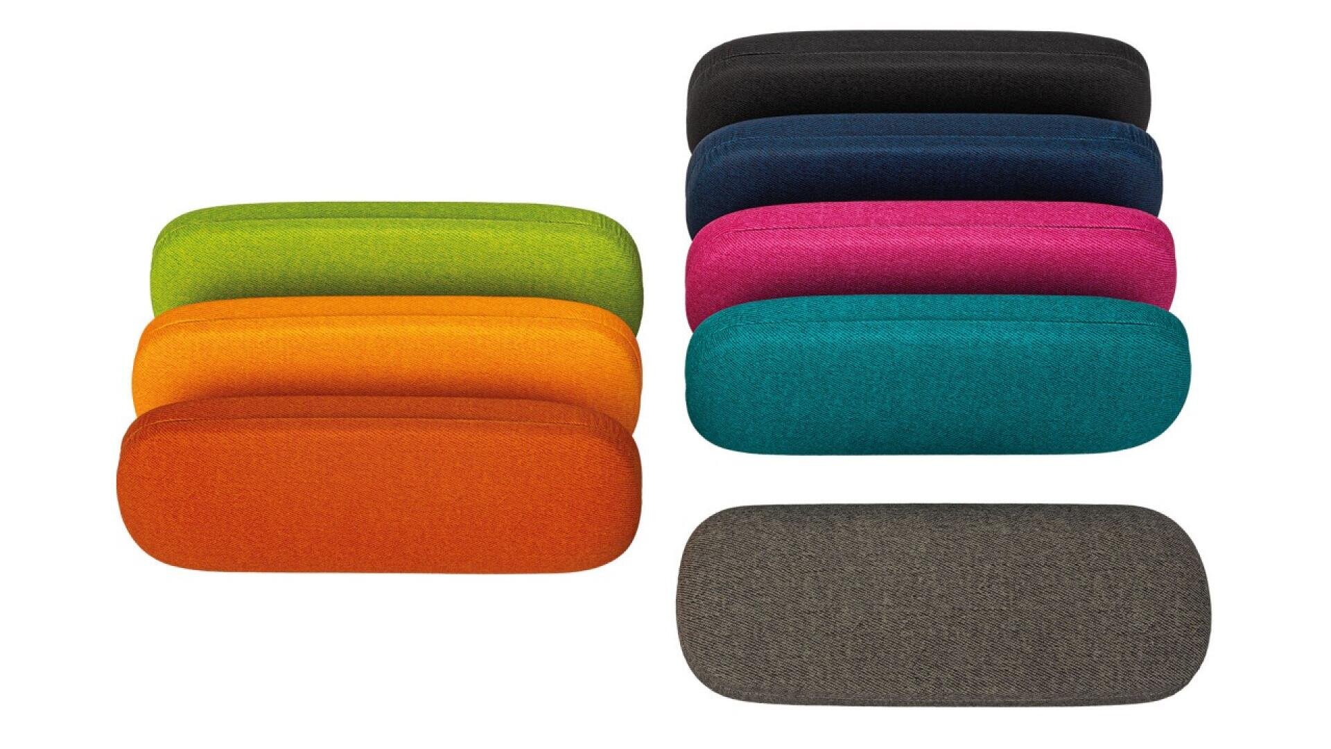 A set of seven rectangular fabric-covered eyeglass cases in various colors: black, dark blue, green, pink, yellow, teal, and orange, arranged in two rows with one case placed flat at the bottom.