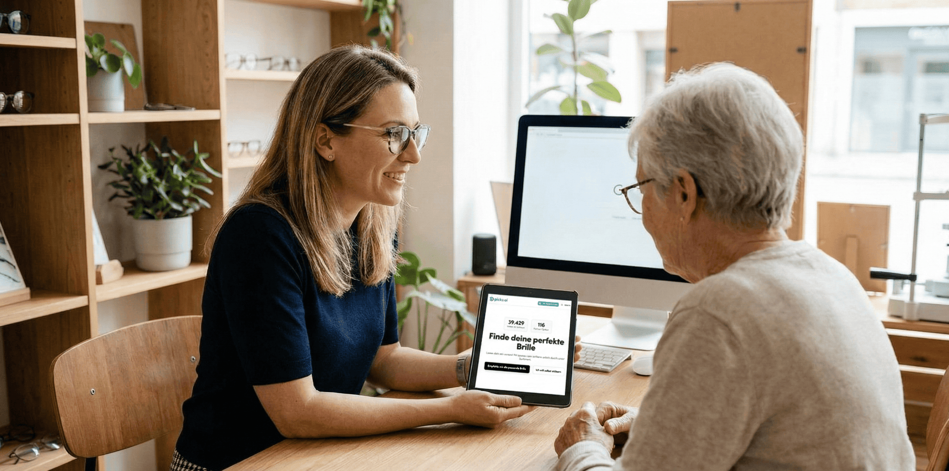 Eine jüngere Frau zeigt einer älteren Frau Informationen auf einem Tablet, während sie gemeinsam an einem Schreibtisch in einem hellen Büro sitzen. Im Hintergrund sind ein Desktop-Computer, Regale und Pflanzen zu sehen.