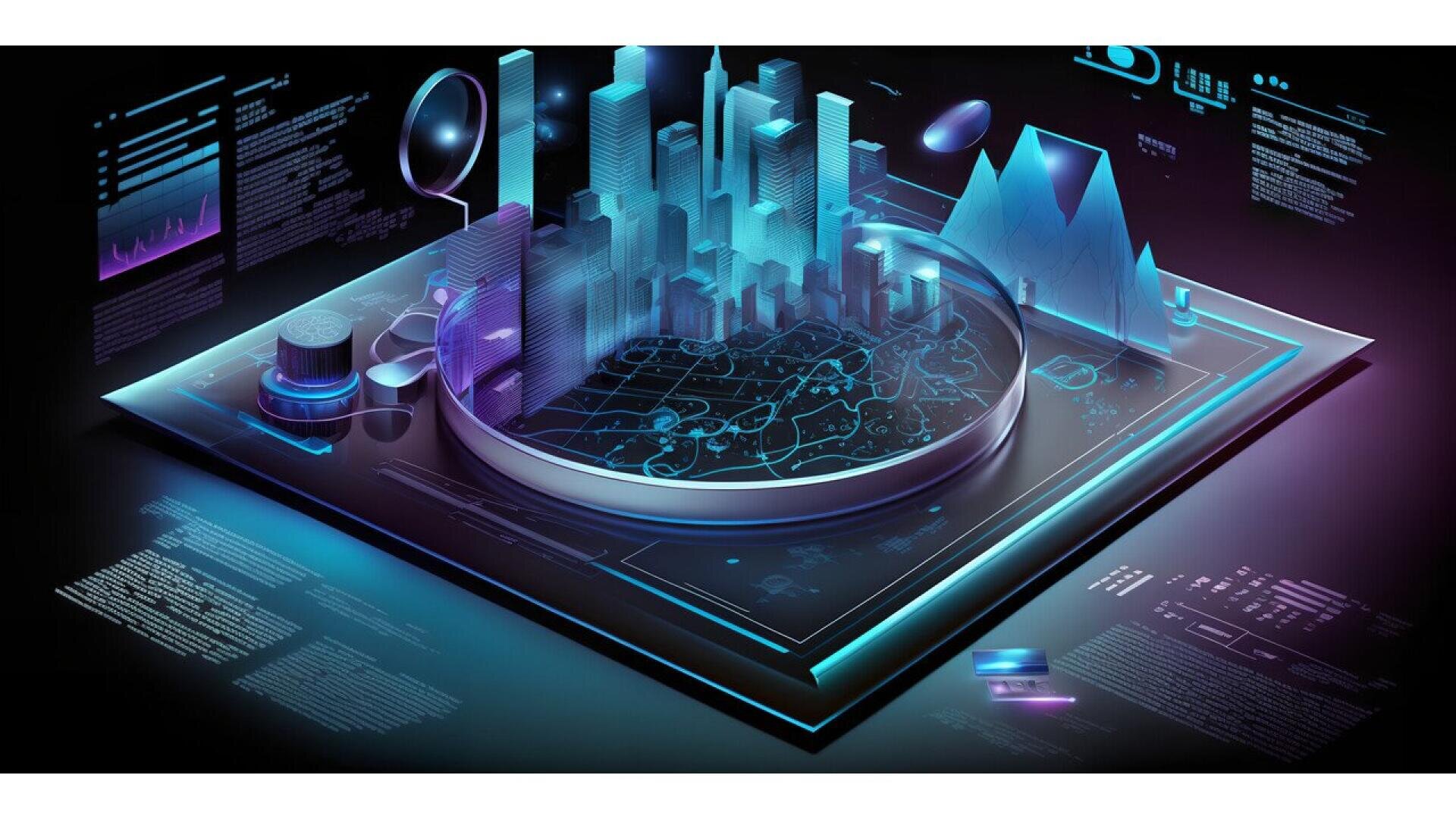 A futuristic 3D digital cityscape model with illuminated skyscrapers and charts, displayed on a glowing tablet surrounded by holographic data visuals, maps, and graphs in blue and purple tones.