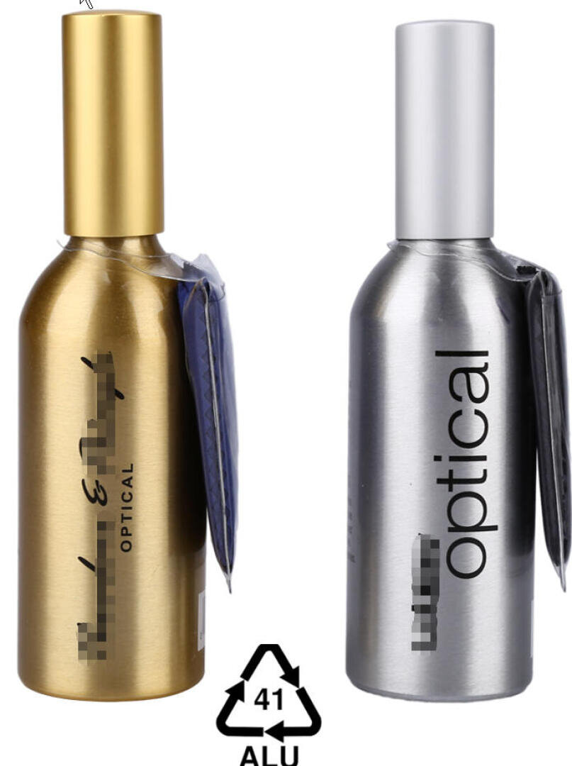 Two metallic bottles, one gold and one silver, both labeled optical, are standing upright side by side. A recycling symbol with 41 ALU appears below them.