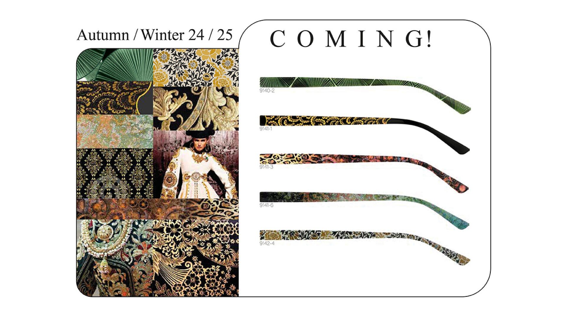 Eine Collage aus kunstvollen, barock inspirierten Mustern und einer historischen Figur im Kostüm auf der linken Seite; auf der rechten Seite fünf Brillenbügel mit ähnlich komplizierten Designs und Text: Herbst/Winter 24/25 und KOMMT!.