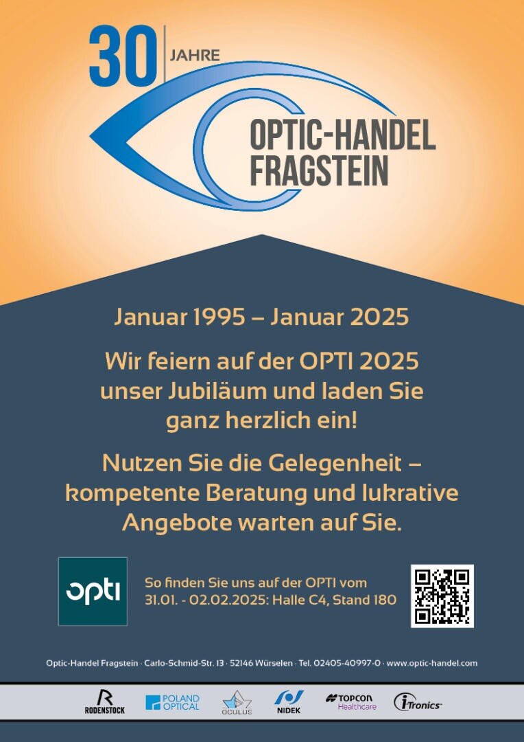 Werbeplakat zum 30-jährigen Jubiläum von OPTIC-HANDEL FRAGSTEIN mit Veranstaltungsdaten (Januar 1995–2025), Standinformationen zur OPTI 2025, einem QR-Code und Kontaktdaten auf blauem und orangefarbenem Hintergrund.