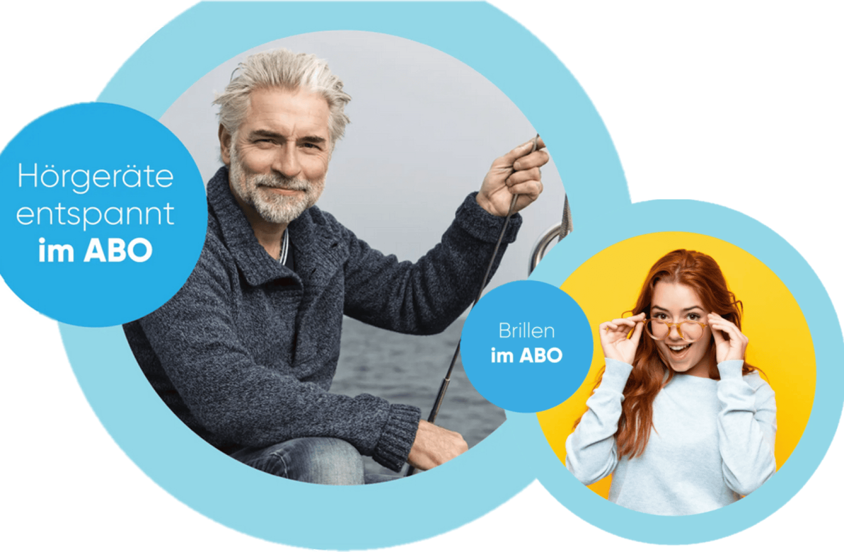 A smiling older man with gray hair and a beard sits by the water, while a young woman with long red hair wearing glasses smiles and adjusts her glasses. The German text advertises hearing aids and glasses subscriptions.