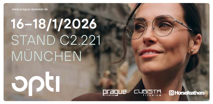 A woman with round glasses smiles outdoors. The text reads: 16-18/1/2026, stand C2.221, Munich, opti. Logos for prague eyewear, Cubista Titanium and Horsefeathers appear at the bottom.