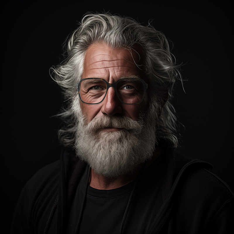 A mature man with long gray hair and a full white beard, wearing glasses and a dark shirt, poses against a dark background with a serious expression.