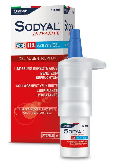 Schachtel und Flasche mit Sodyal Intensive Gel-Augentropfen in den Farben Rot, Blau und Weiß. Das Produkt ist zur Linderung gereizter Augen bestimmt und enthält Aloe-Vera-Gel. Der Text ist in Deutsch und Französisch.