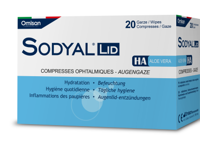 Eine Schachtel mit Sodyal Lid Augentüchern für die Augenhygiene und bei Augenlidentzündungen mit 20 Mulltüchern. Die Verpackung ist weiß und blau und enthält Produktinformationen in mehreren Sprachen.