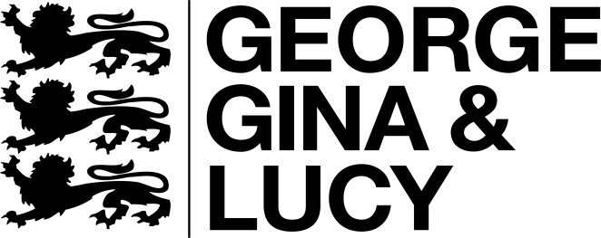 Schwarzer Text mit der Aufschrift GEORGE GINA & LUCY in fetten Großbuchstaben, mit drei schwarzen Löwen, die vertikal auf der linken Seite gestapelt und durch eine dünne vertikale Linie vom Text getrennt sind, alles auf weißem Hintergrund.