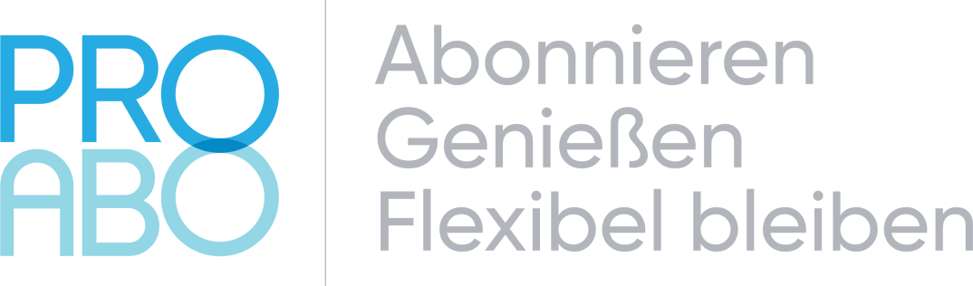 Logo mit "PRO ABO" in großen blauen Buchstaben auf der linken Seite und dem deutschen Text "Abonnieren Genießen Flexibel bleiben" in Grau auf der rechten Seite.