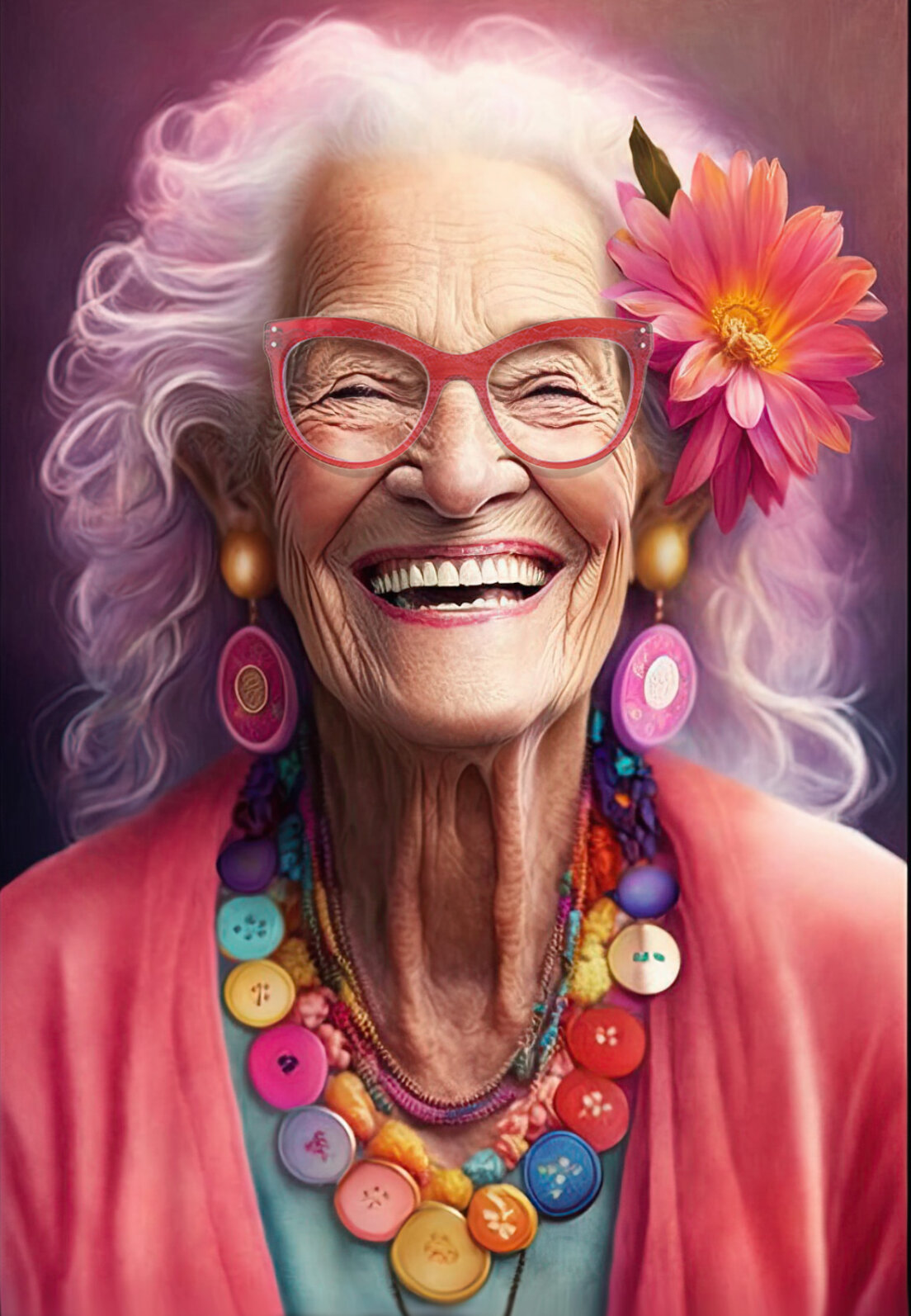 An elderly woman with white hair and pink glasses smiles broadly. She wears a large flower in her hair, colorful earrings, and a necklace made of buttons, dressed in a bright pink top against a soft purple background.