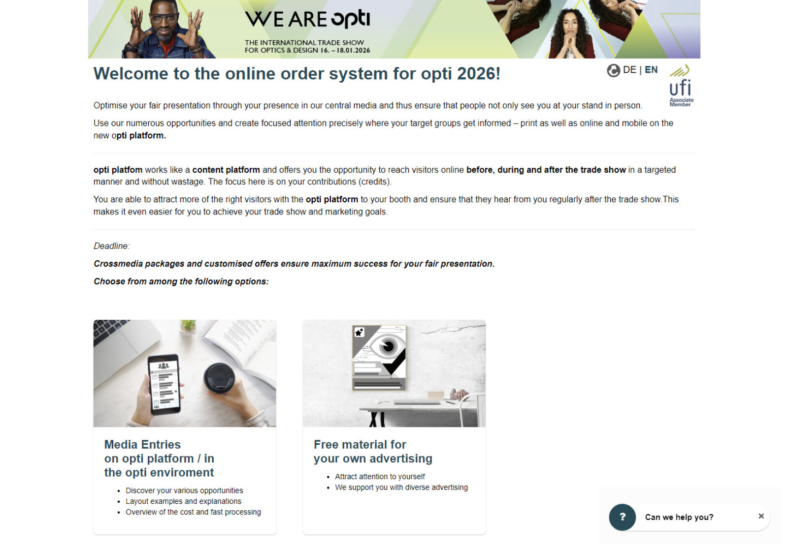 Screenshot of an online order system webpage for the opti 2026 trade show, featuring a welcome message, navigation menu, and two main options: media entries on the opti platform and free material for advertising.