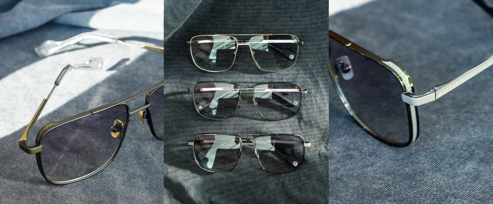 Eine Collage mit fünf metallgerahmten Brillen und Sonnenbrillen mit getönten Gläsern, die auf einer grauen Stoffoberfläche in verschiedenen Winkeln angeordnet sind, wobei das Sonnenlicht die Rahmen hervorhebt.