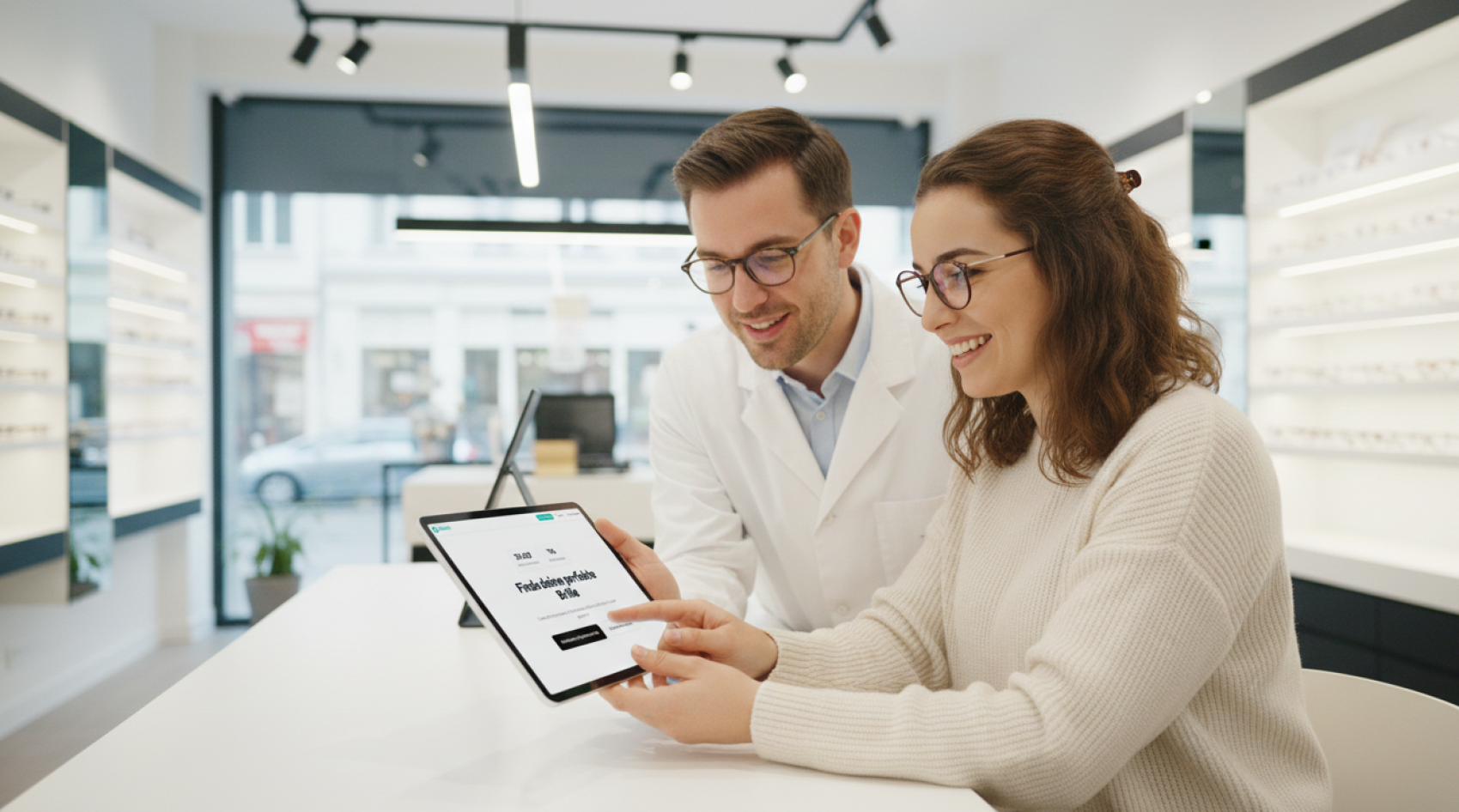 A smiling woman and an optician check information together on a digital tablet in a modern optician's store, while spectacle frames are displayed on shelves in the background.