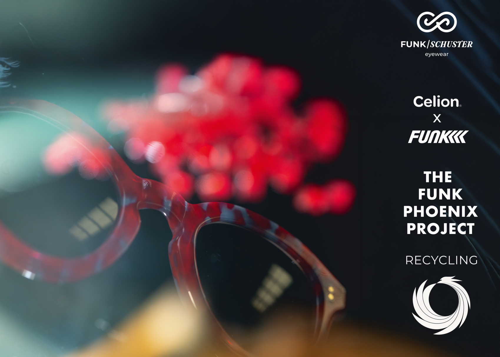 A pair of red and white patterned eyeglasses is shown with a blurred red background. Text reads: “Celion x Funk, The Funk Phoenix Project, Recycling.” Funk/Schuster eyewear logo is at the top right.